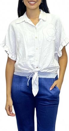 Papillon Floral Accent Tie Waist Button Up Top In White