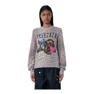 Ganni Round-neck Knitwear, female, Brown, Size: XS Wool-Blend Sweater