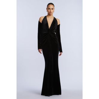 BCBGeneration Long Sleeve Halter Velvet Gown in Black at Nordstrom, Size 0