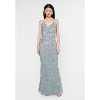 Beauut Occasion Embellished Sequin Beaded Strap Evening Dress in Misty Grey at Nordstrom, Size 10