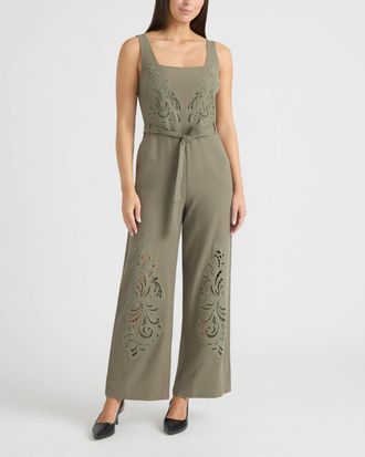 Ellen Tracy Womens Linen Jumpsuit with Embroidery Detailing