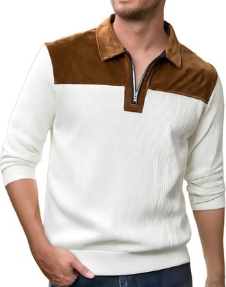 Generic Sweatshirts for Men UK 1/4 Zip Polo Shirt Mens Ribbed Knit Jumper Casual Long Sleeve T-Shirt Fashion 2026 Contrast Color Patchwork Sweatshirt Soft Com