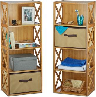 Relaxdays 2 Estanterías con cesta de almacenaje, 4 Baldas, Madera, Mueble de baño, Caja plegable, 42 x 49 cm, Marrón