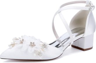 Generic Womens Pointed Toe Wedding Shoes Low Heels Satin Heels Bridal Shoes Prom Party Dress Chunky Heels Shoes 4.5Cm,White,10 UK