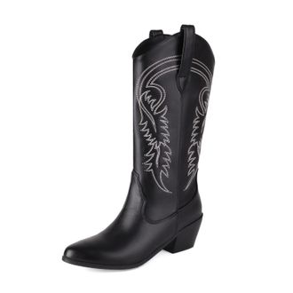 Generic Womens Western Knee-High Boots Faux Leather With Embroidered Detail Pointed Toe Wedge Heels Varied Color Finishes Soft Inner Lining Durable Non-Slip O