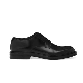 Dolce & Gabbana Zwarte leren logoplaquette Derby-schoenen - Heren - Nette schoenen - Zwart - 45 EU - Leer - Schoenen
