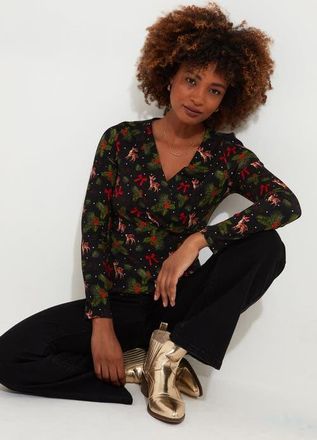 Joe Browns Stretch Knit Festive Wrap Top in Festive Falling Reindeer at Nordstrom, Size Small