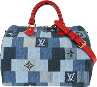 Louis Vuitton Speedy Bandouliere Bag Damier And Monogram Patchwork Denim Blue Denim_Jeans Handbag (Pre-Owned)