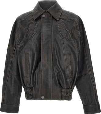 Golden Goose Brown Floral Embroidery Leather Leather Jacket