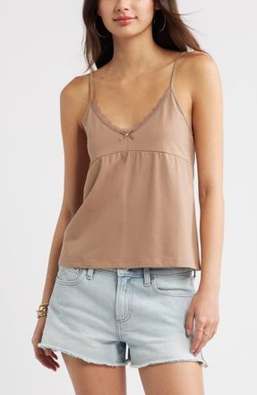 BP. Lace Trim Stretch Cotton Camisole in Brown Fresco at Nordstrom, Size Xx-Small