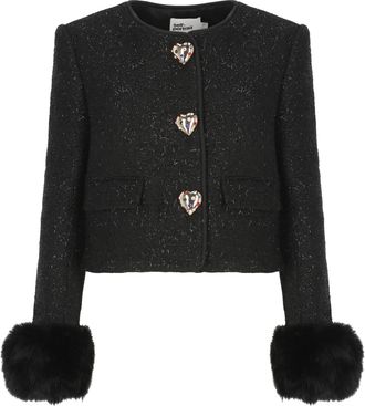 Self Portrait Cropped Black Jacket With Hidden Closure And Decorative Heart Buttons