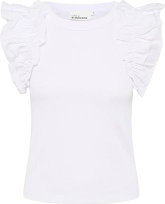 Karen by Simonsen Witte Tanktop met Ruches Mouwen - Dames - T-shirts - Wit - L - Katoen - Tops