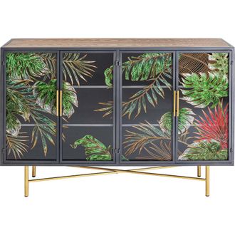 Kare Design Aparador 4 puertas en vidrio estampado tipo jungla acero negro 135x95