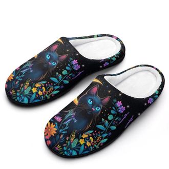 Generic Black Cat With Flowers Womens Slippers Warm House Slippers Indoor House Shoes with Anti-Skid Rubber Sole