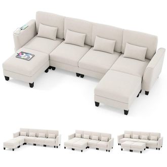 Costway Costway Sectional Sofa with 2 Ottomans 4 Seat Sofa Set with Double Chaise in White