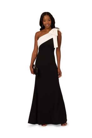 Adrianna Papell Womens Color Block Crepe Bow Gown - Black - Size 8 UK
