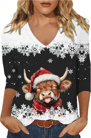 Generic Highland Cow Shirts Christmas Shirts for Women 3/4 Length Sleeve Funny Xmas Highland Cow Graphic Tshirts Blouses Holiday Christmas Tunic Tops