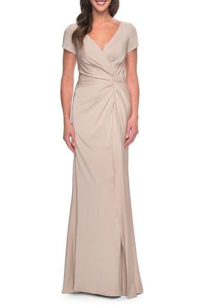 La Femme Elegant Evening Gown with V Neck and Knot in Champagne at Nordstrom, Size 12