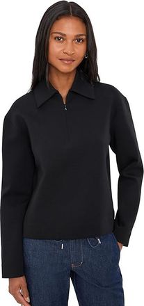 Vince Long Sleeve Collared Half Zip Womens Clothing Black : LG, Cotton/Polyester/Spandex