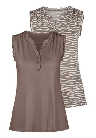 Lascana R&uuml;schentop LASCANA mit kurzer Knopfleiste, Damen, Gr. 32/34, grau (taupe, bedruckt, taupe, uni), Obermaterial: 76% Viskose (LENZING ECOVERO), 24% Poly