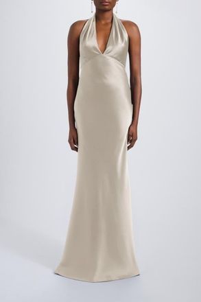 Amsale V-neck Fit-to-Flare Halter Gown in Champagne at Nordstrom, Size 14