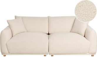 Beliani Sof&aacute; Moderno Tres Plazas De Boucl&eacute; Con Cojines Decorativos Patas De Madera Blanco Crema Jubek