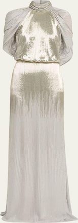 Oscar De La Renta Draped Cap-Sleeve Degrade Beaded Gown