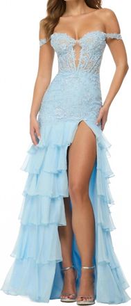 Sherri Hill Off The Shoulder Fitted Prom Dress In Light Blue