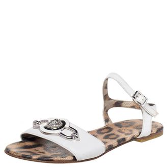 Roberto Cavalli White Leather Embellished Flat Sandals
