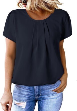 Dokotoo Womens Tops Summer Round Neck Short Sleeve Loose Fit Women Blouses Casual Shirts Curved Keyhole Back Pleated Chiffon Ladies Blouse Basic Womens T-Shir