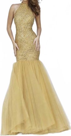 Sherri Hill Beaded Halter Mermaid Gown In Gold