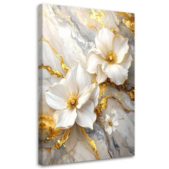Feeby Cuadro En Lienzo Magnolias Blancas Con Delicados Dorados Sobre Un Fondo Marm&oacute;reo Claro 80x120