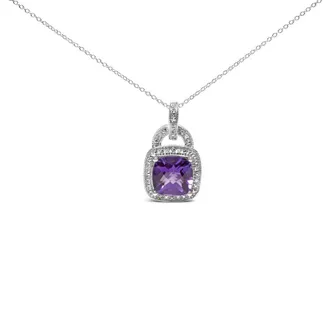 House of Brilliance 925 Sterling Silver 10X10 MM Cushion Purple Amethyst and Diamond Accent Halo 18 Pendant Necklace