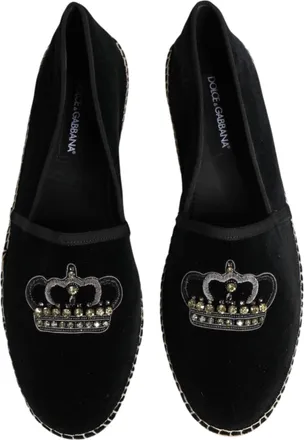 Dolce & Gabbana Crown-Embellished Velvet Espadrille Flat - Black