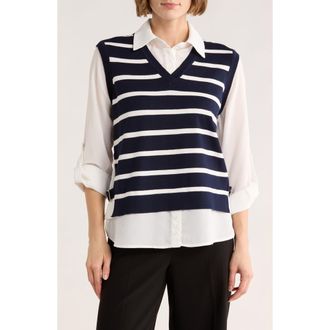 Adrianna Papell V-Neck Twofer Sweater in Blue Moon/Ivory Stripe at Nordstrom Rack, Size X-Large