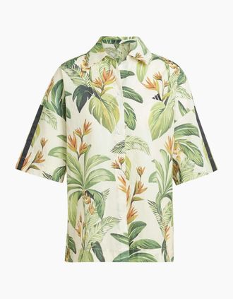 adidas Womens Farm Floral Buddha Collared Short Sleeve Shirt - Cream - Size: 10