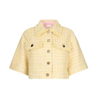 Liu Jo Tweed Jackets, female, Yellow, Size: M Short Boucl&eacute; Jacket with Lurex and Logo Buttons