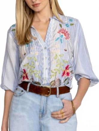 Johnny Was Emika Relaxed Smocked Shirt In Turqoise