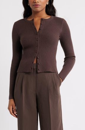 Open Edit Ribbed Crewneck Cardigan in Brown Seal at Nordstrom, Size Medium