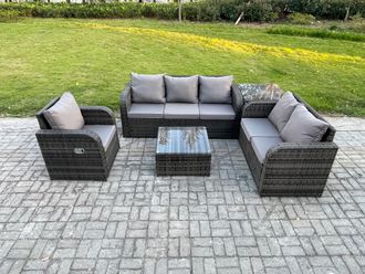 Fimous Rattan Garden Furniture 5 Piece Patio Set With Table Sofa Square Coffee Table Reclining Chair Loveseat sofa Side Table in Dark Grey