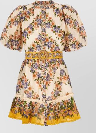 Farm Rio floral-print belted crinkled mini dress