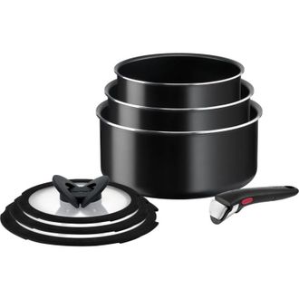 T-fal Set di padelle Ingenio Easy ON Try-Me, 7 pezzi, impilabili, con manico rimovibile, salvaspazio, antiaderente, nero, L1599602