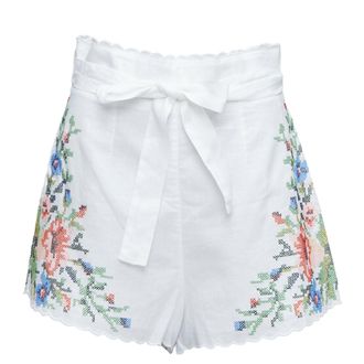 Zimmermann Juliette linen floral embroidery belted shorts