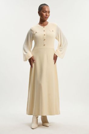 Karen Millen Womens Plus Size Viscose Blend Maxi Knit Dress With Chiffon Sleeve Military Trim - Cream Polyamide - Size X-Large