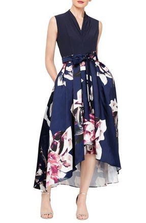 S.L. Fashions Floral Mikado High-Low Gown in Navy Multi at Nordstrom, Size 12P