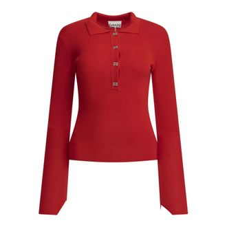 Ganni Polo de lana merino con botones con logo - Knitwear - Mujer - Rojo - XS