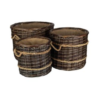 Red Hamper Set of 3 Round Hessian Lined Heritage Rope Lined Log Basket in Brown