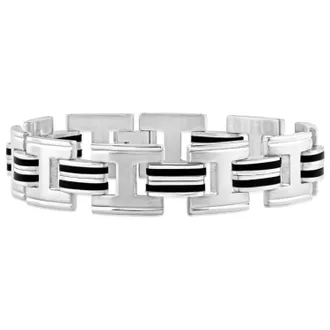 Pompeii3 Mens Steel And Black Striped Two Tone 15mm Wide Link Flexible 8 Bracelet