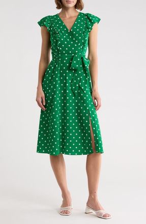 Eliza J Flutter Sleeve Fit & Flare Midi Dress in Green at Nordstrom Rack, Size 14