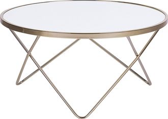 Beliani Beliani - Mesa De Centro Tablero De Cristal Templado Blanco Patas De Horquilla De Metal Dorado Forma Redonda Meridian Ii